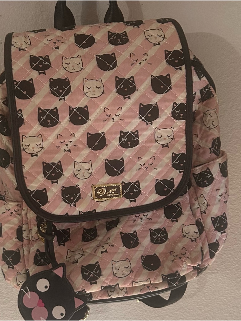Betsey Johnson Quilted Cat-Print Pink Backpack with Gold Badge